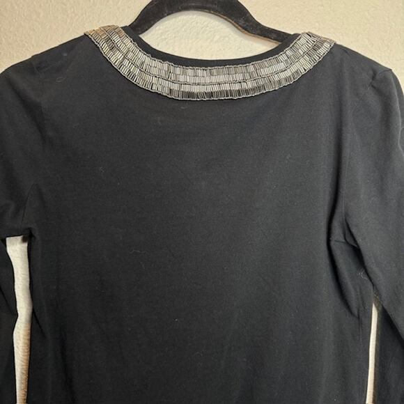 Tory Burch Black Long Sleeve V-Neck Beaded Collar Top Sz X-Small - Picture 3 of 7